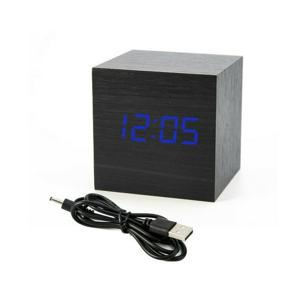 Modern Cube Wooden Wood Digital LED Desk Voice Control Clock Alarm Thermome V8G9